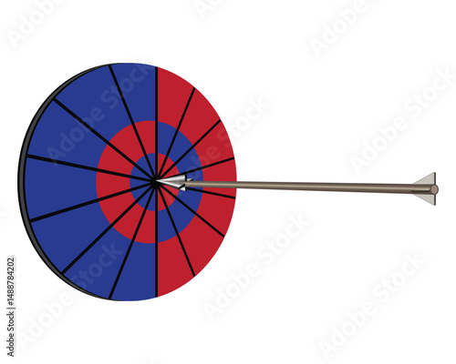 vector design of an arrow stuck right in the center point of a round target with a mixture of blue and red colors