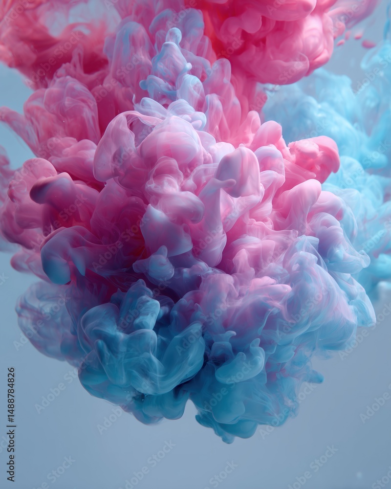 Obraz premium Abstract paint splash of pink and blue ink in water, creating an ethereal and captivating visual effect