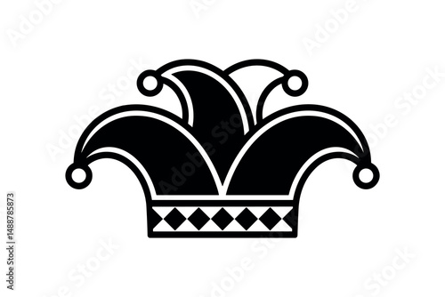 Black and White Vector Jester Hat Icon with Diamond Pattern