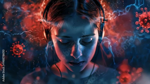 Wallpaper Mural Girl with headphones in a surreal environment with virus particles Torontodigital.ca