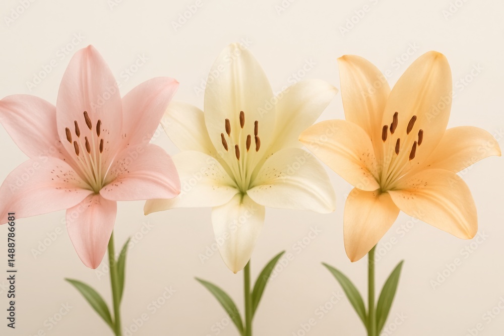 Obraz premium Three blooming lilies in soft pastel colors on a neutral background 