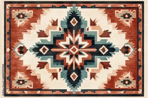 A vibrant rug features a geometric Southwestern design with intricate patterns and warm color tones, creating a cozy and stylish home decor piece.