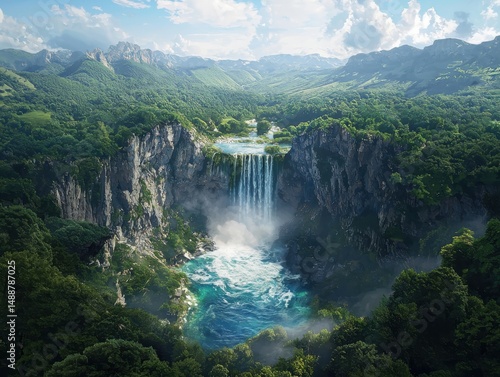 Majestic waterfall cascading into lush valley nature photography scenic viewpoint serene environment
