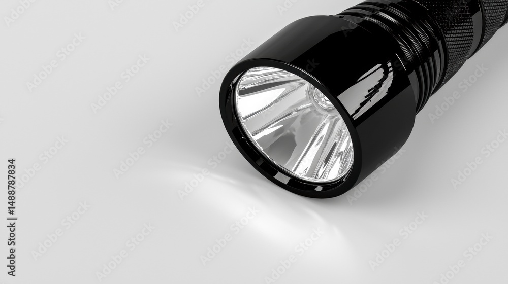 A black flashlight with a silver lens. A black flashlight with a silver lens.