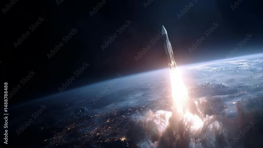 Rocket launch into space, Earth below.