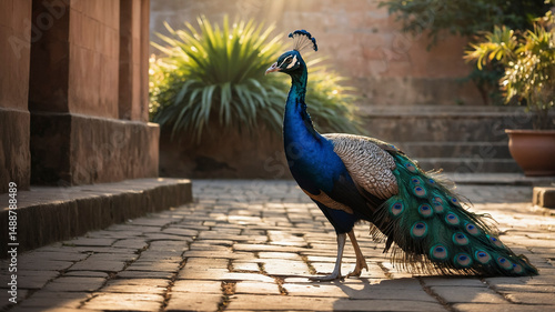 Majestic Peacock with Full Plumage in Stone Courtyard
