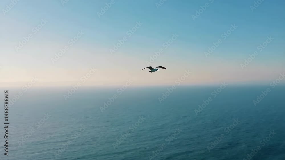 Lone Seagull Flying Over Blue Ocean Water Against Clear Blue Sky During a Sunny Day Lone Seagull Flying Over Blue Ocean Water Against Clear Blue Sky During a Sunny Day