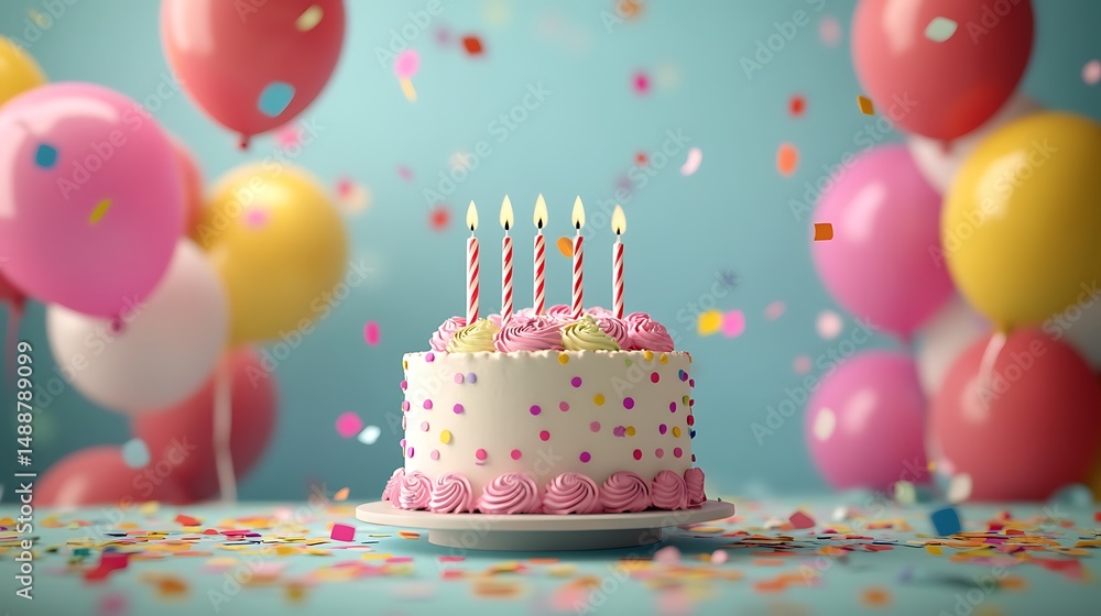 Birthday cake with balloons and confetti Birthday cake with balloons and confetti