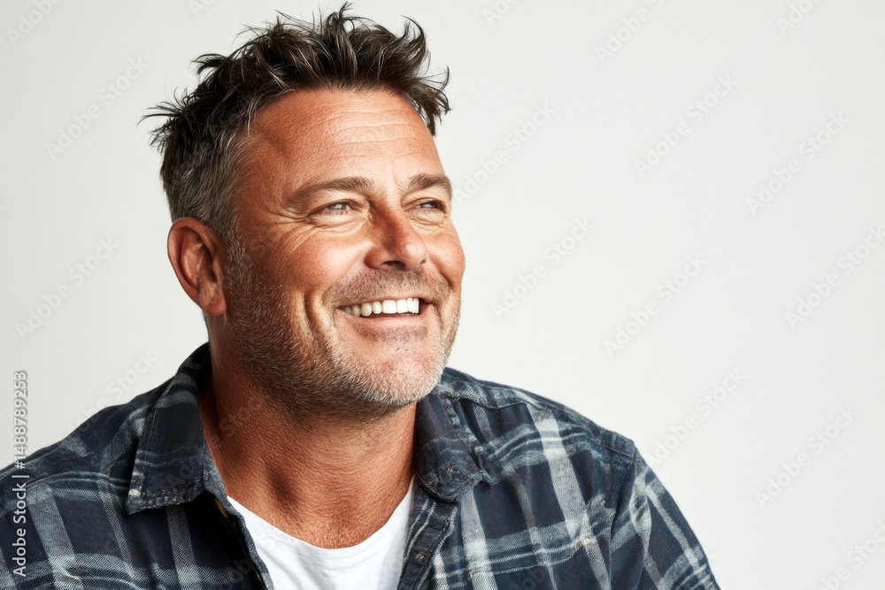 Obraz premium Pure white solid background. Creative visual design of style for aging men. Fashionable men's side part haircut - midlife white man with hair. A happy and poised man radiating charm.