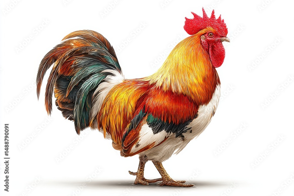A vibrant and colorful rooster standing proudly on a white background, showcasing its rich plumage and distinctive features, a symbol of rural life. A vibrant and colorful rooster standing proudly on a white background, showcasing its rich plumage and distinctive features, a symbol of rural life.