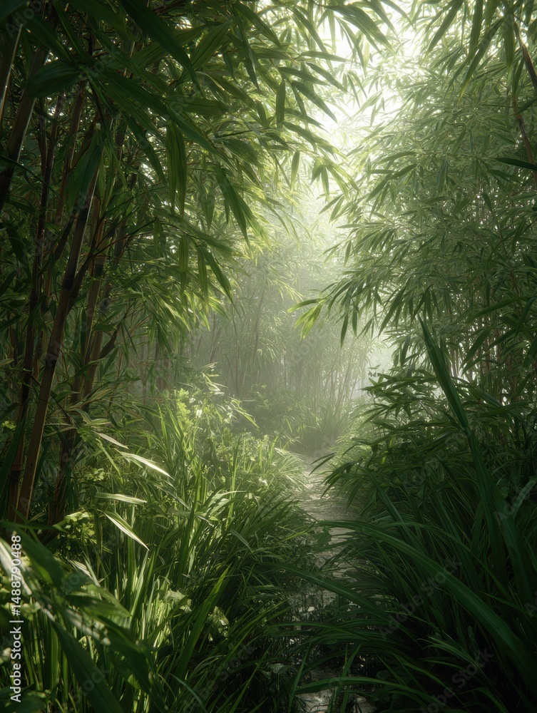 Obraz premium Lush, verdant jungle path through dense foliage.