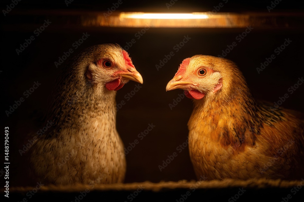 Fototapeta premium Close-up studio shot of two Rhode Island Red Chickens in a dark setting, one with gray plumage and the other with a more golden hue, highlighting their vibrant features.