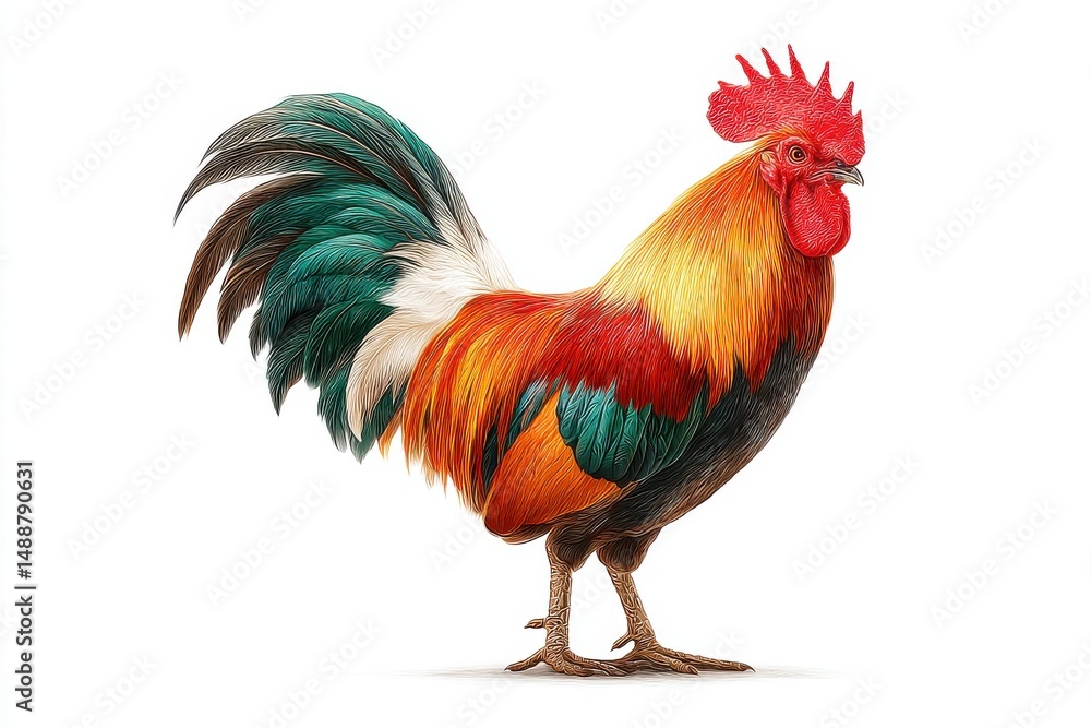 Vibrant and detailed digital painting of a colorful rooster against a white background, showcasing its beautiful plumage and intricate features in high resolution. Vibrant and detailed digital painting of a colorful rooster against a white background, showcasing its beautiful plumage and intricate features in high resolution.