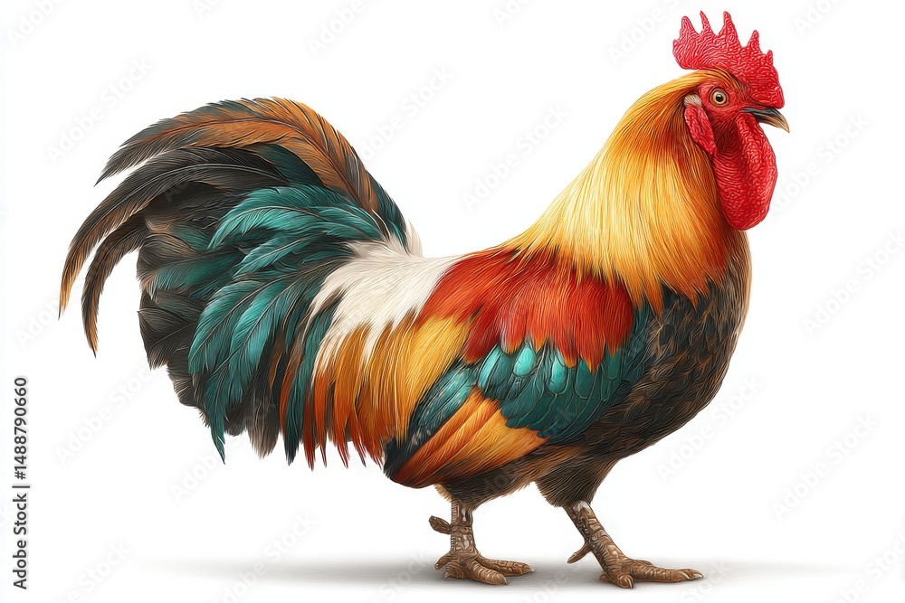 A magnificent rooster displaying vibrant plumage and a proud stance against a clean backdrop, showing detail of the colorful fowl on white. A magnificent rooster displaying vibrant plumage and a proud stance against a clean backdrop, showing detail of the colorful fowl on white.