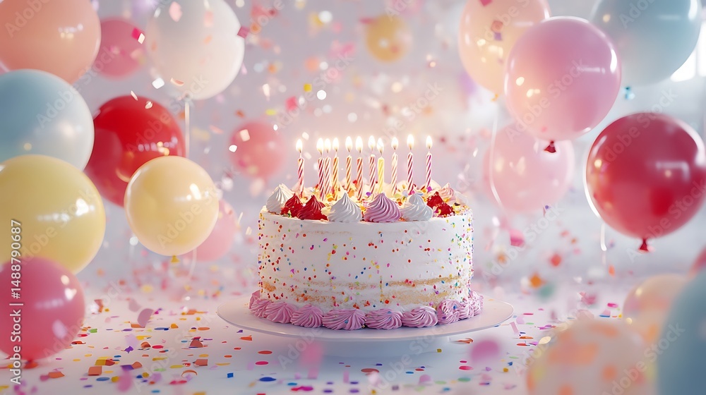 Birthday cake with balloons and confetti Birthday cake with balloons and confetti