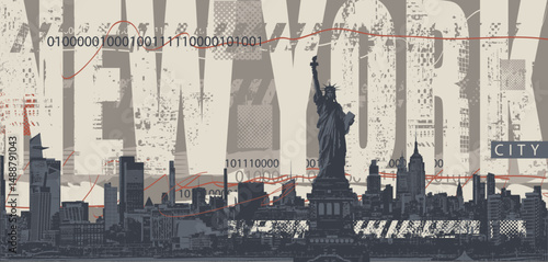 Vector banner or poster with American Statue of Liberty on New York City skyline silhouettes background. Landmark lettering. T-shirt design, flyer, travel brochure, postcard