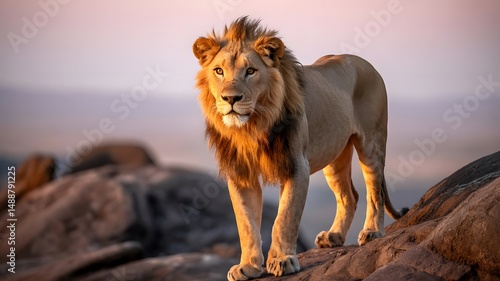 Wallpaper Mural Majestic Lion Stands on a Rock at Dawn in the African Savanna. Torontodigital.ca