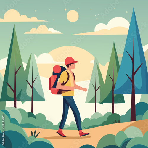 Hiking Man with Backpack Walking Through Forest – Flat Vector Illustration