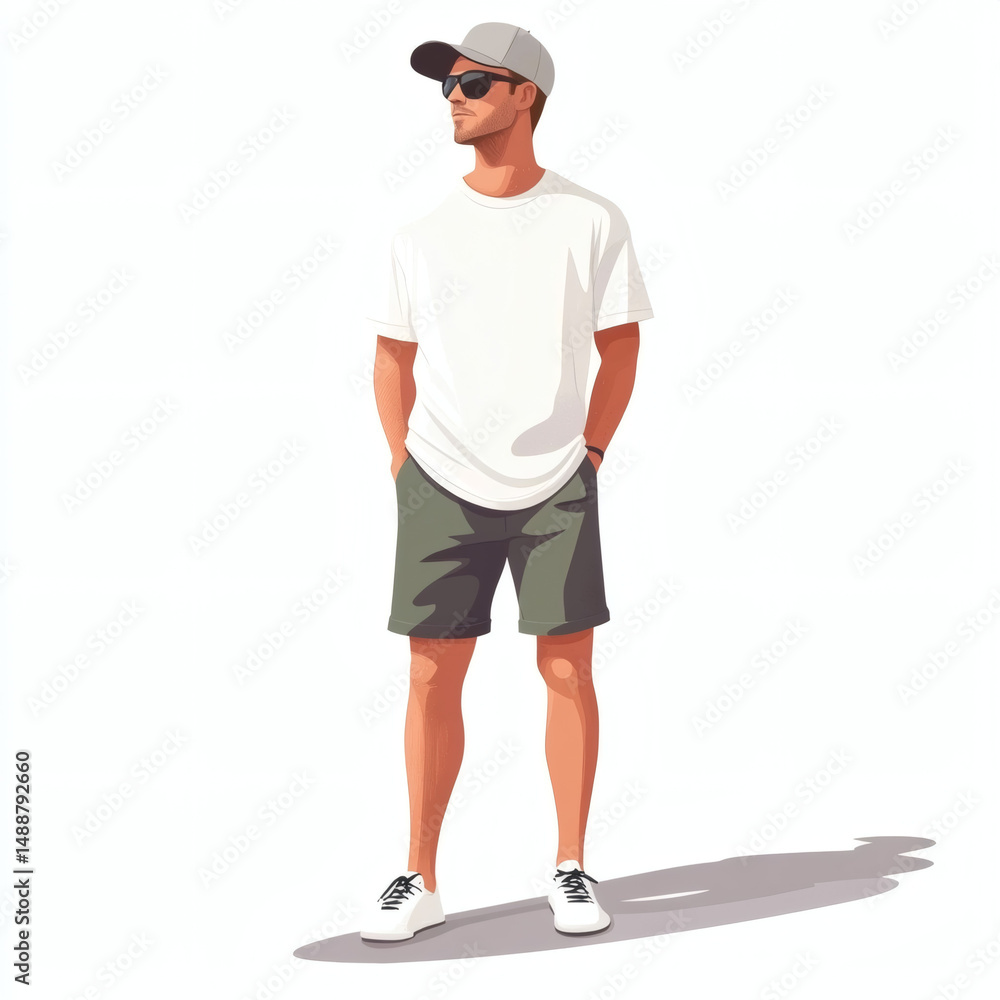 Young Man in White T-Shirt and Shorts Standing - Casual Summer Fashion Young Man in White T-Shirt and Shorts Standing - Casual Summer Fashion