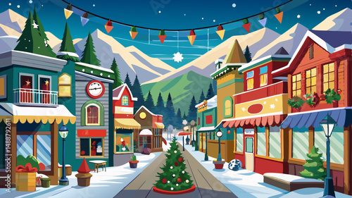 Cochrane, Alberta, Canada -  shopping street in downtown at the Christmas season