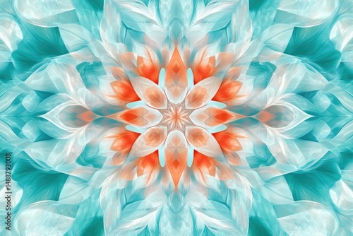 Abstract kaleidoscope image with symmetrical floral design in vibrant teal, white, and orange hues, radiating from the center.