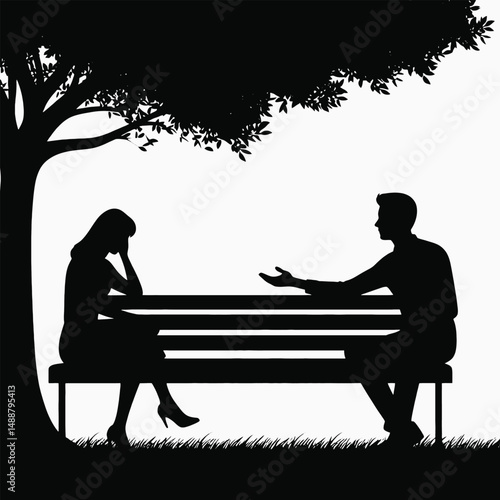 silhouette of a person offering emotional support, sitting on a bench with another person under a tree, white background