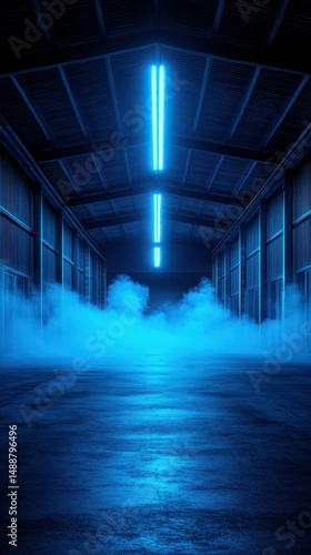 Misty blue light fills an empty warehouse creating a surreal atmosphere at night