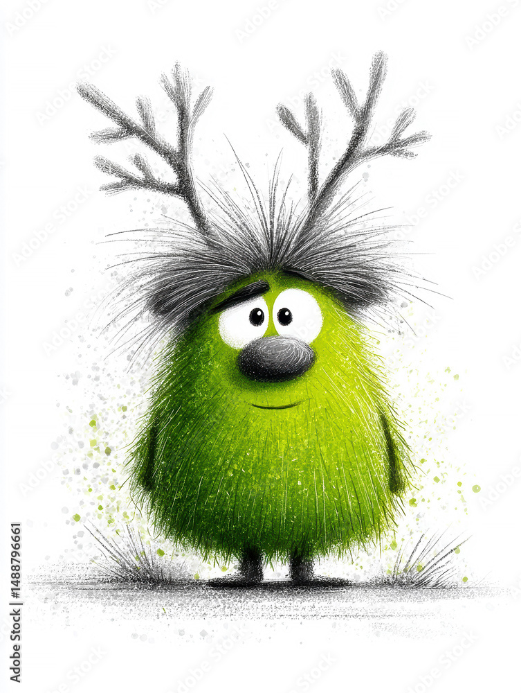 Fototapeta premium A scribble-style cartoon forest troll, green with bushy eyebrows, bent twig antlers, surprised expression, upright bipedal posture, brown eyes, black outlines on white background - AI-Generated