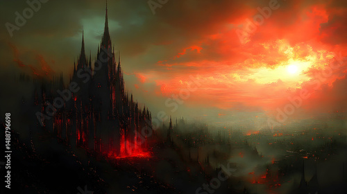 Dark towers rise against fiery sky, landscape consumed by what looks like lava and smoke
