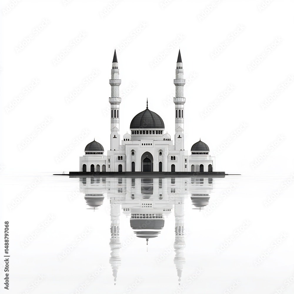 Fototapeta premium White mosque floating on water, subject on a solid pure white background, Dark Outlined, no shadows, no texture