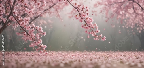 Delicate pink sakura petals drift on a soft-focus spring backdrop , blossom, nature, element
