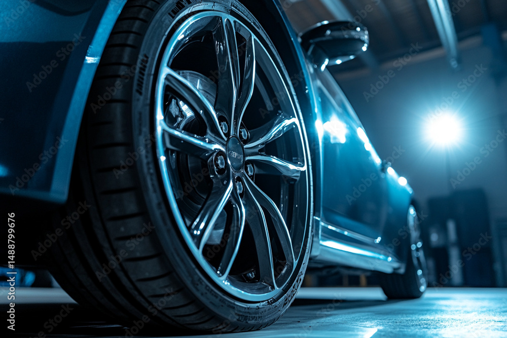 Close-up of a car wheel with new tires, spectacular shine against a dark garage, advertising Close-up of a car wheel with new tires, spectacular shine against a dark garage, advertising