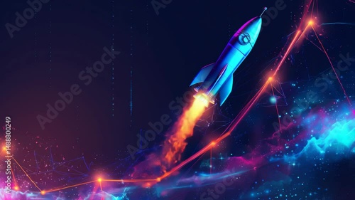 Blue rocket launching along glowing graph line.