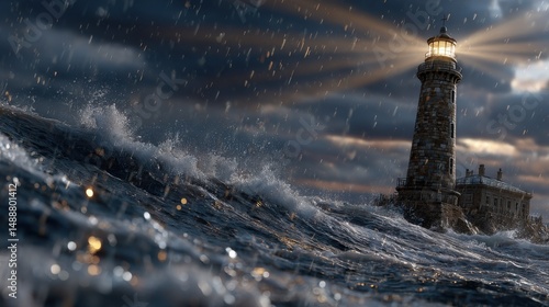 Lighthouse standing strong against turbulent waves, dramatic sky overhead, symbolizes resilience in nature's fury.