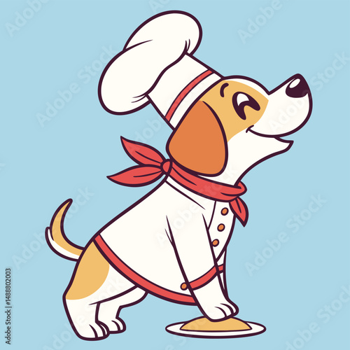 Adobe Illustrator Artwork A cheerful dog dressed as a chef, wearing a white hat and apron with a red scarf, set against a bright blue background Vector.