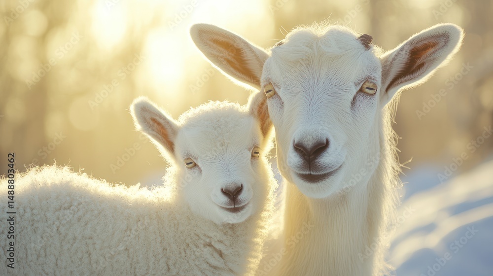 Fototapeta premium Two white young goats in winter sun