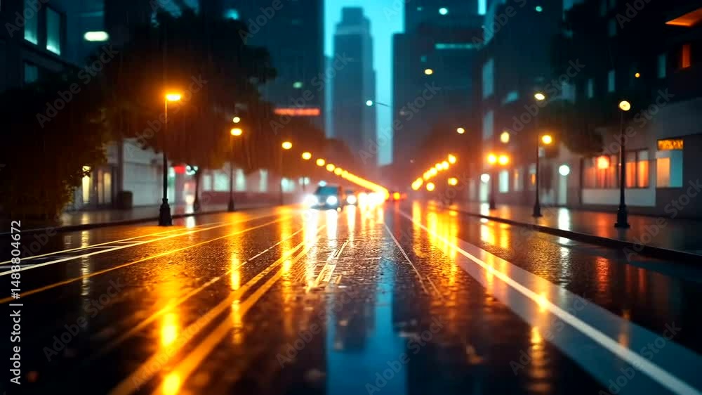 Vibrant Urban Scene with Reflections on Wet Pavement Vibrant Urban Scene with Reflections on Wet Pavement