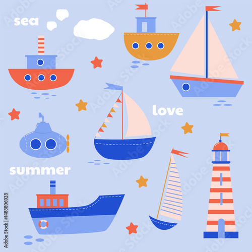 Set with cute colored summer boats on a blue background for kids design and decor
