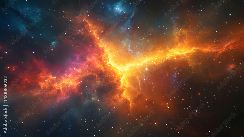 Vibrant Cosmic Nebula with Fiery Colors and Starry Background Vibrant Cosmic Nebula with Fiery Colors and Starry Background