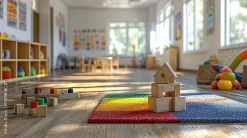 Childcare center playroom, blocks, sunlight