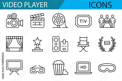 Set of minimalist film and video player icons for app or website design.