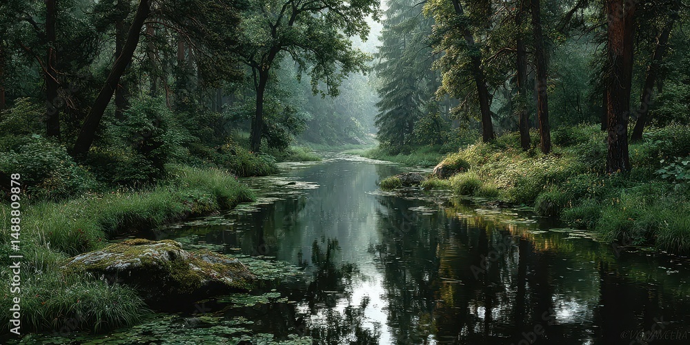 Obraz premium Calm river flowing through a tranquil forest landscape at dawn with mist rising and greenery reflecting in the water