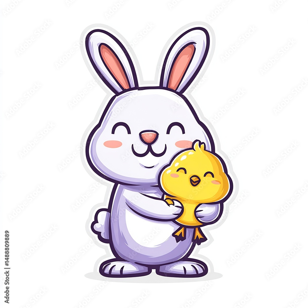 Obraz premium Smiling Easter Bunny with Tiny Chick Outline