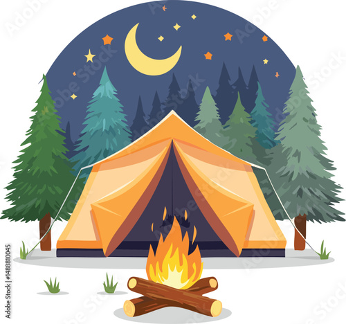 Campfire and Tent in Forest – Hiking Night Scene Vector Illustration
