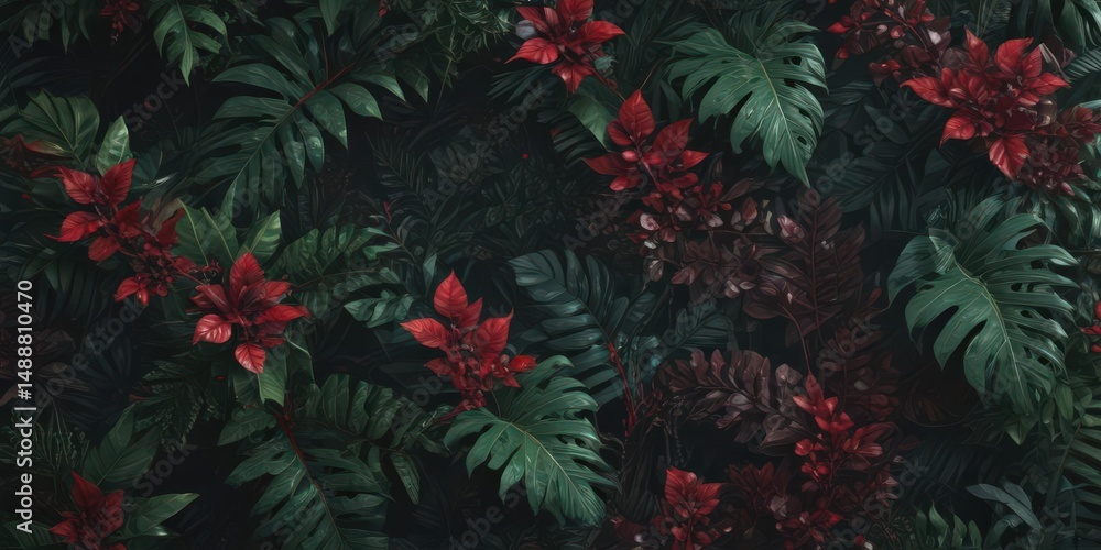 Intricate dark emerald & ruby tropical foliage design, decor, depth, leaf illustration Intricate dark emerald & ruby tropical foliage design, decor, depth, leaf illustration