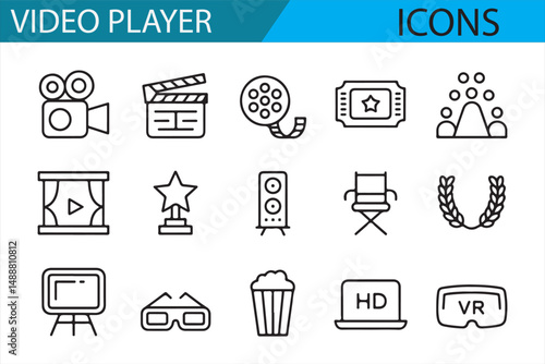 Collection of black and white icons for video player and entertainment.