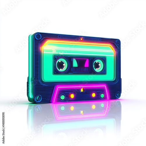Retro cassette tape with neon glow, icon