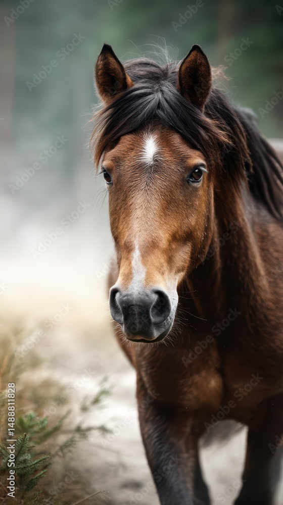 Majestic brown horse standing in misty forest setting during early morning light Majestic brown horse standing in misty forest setting during early morning light
