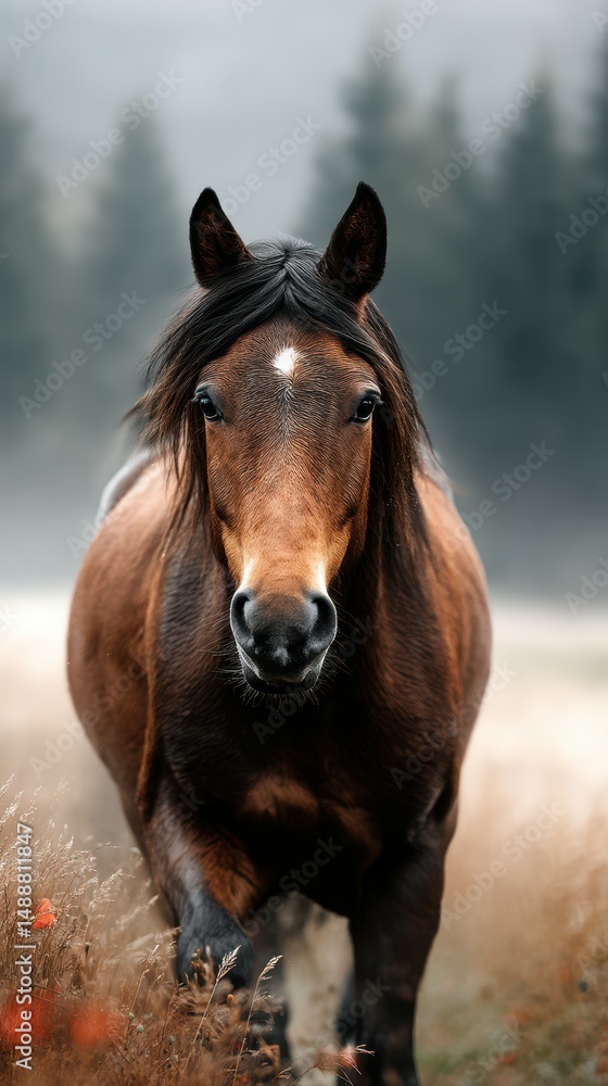 Majestic brown horse walking through foggy meadow in early morning light surrounded by tall grass and distant trees Majestic brown horse walking through foggy meadow in early morning light surrounded by tall grass and distant trees