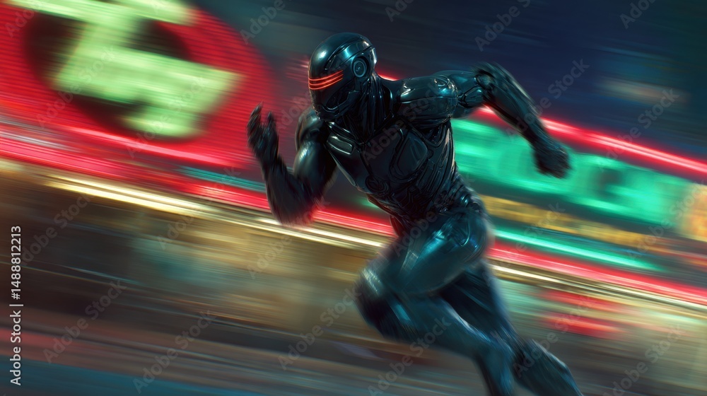 Futuristic figure in motion, running through a vibrant city. Futuristic figure in motion, running through a vibrant city.